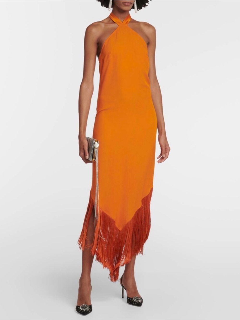 Taller Marmo - Nina Fringe Orange Halter Maxi Dress (size 6/ IT 42)